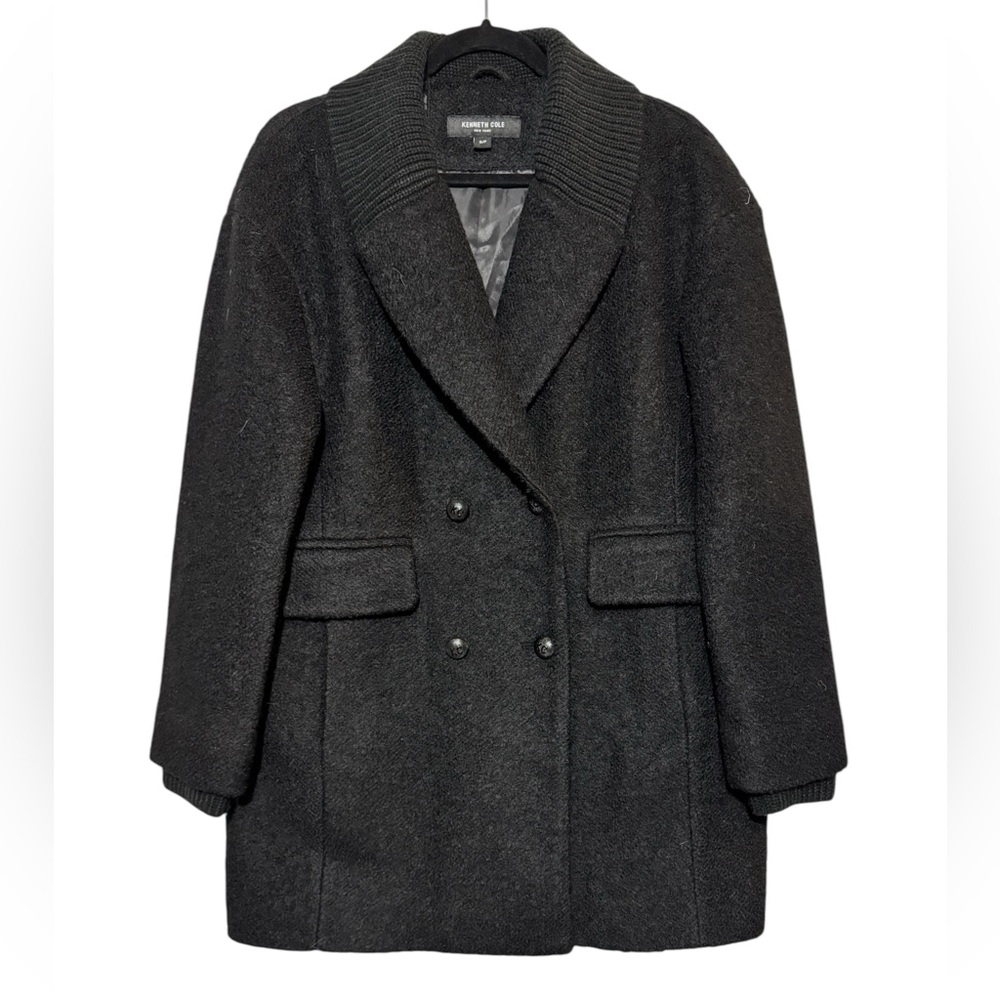 Kenneth Cole Black Wool Blend Double Breasted Classic Winter Pea Coat Size Small